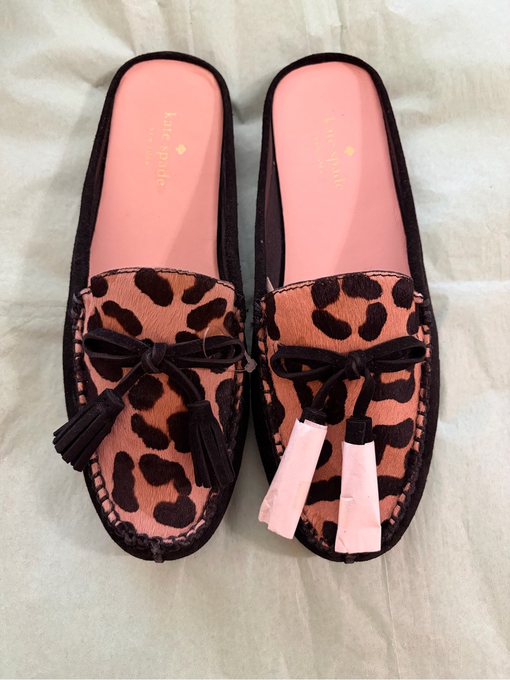 kate spade Leopard Print Tassel Mules - Calf Hair & Black Suede NWOB